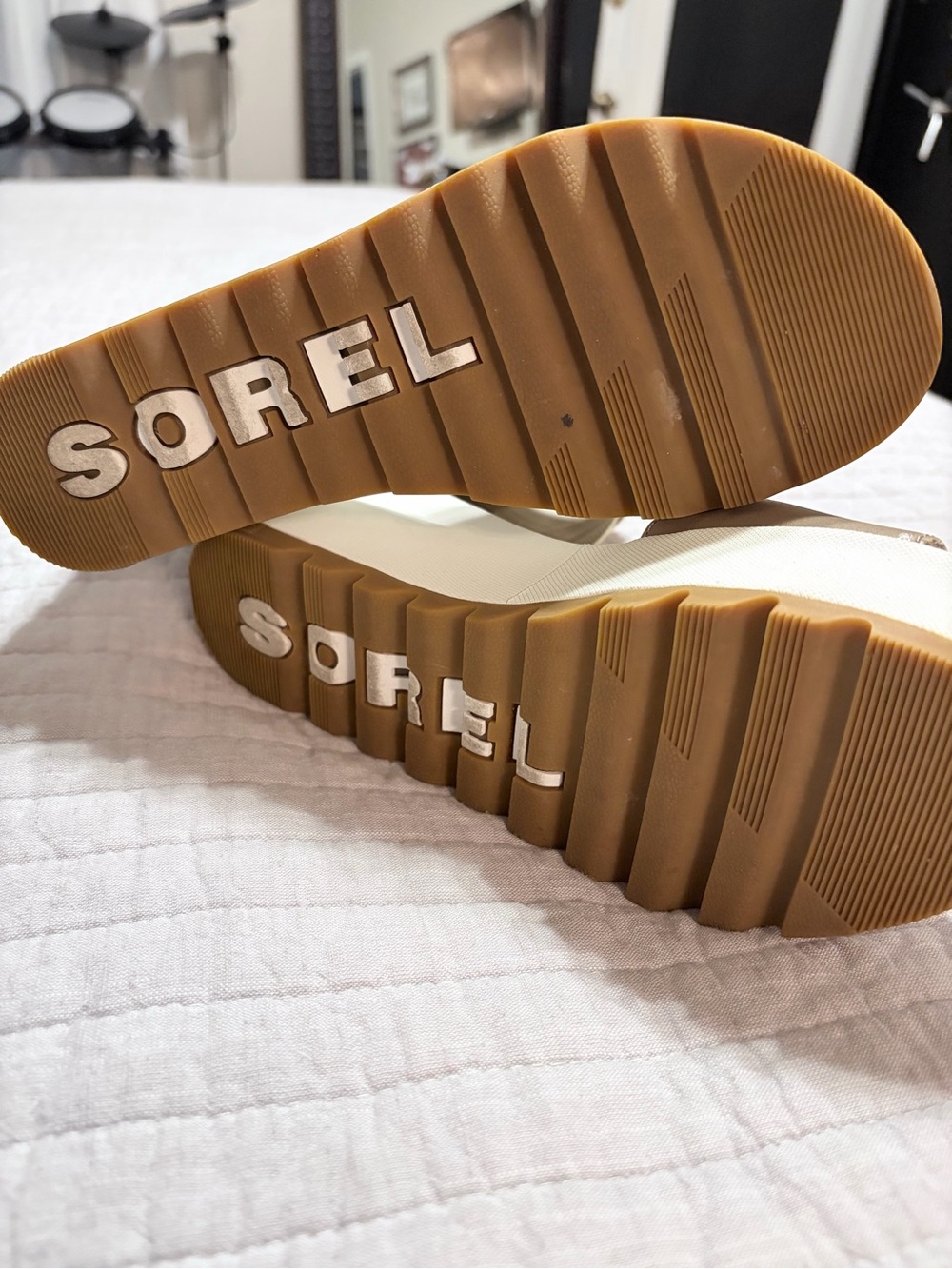 Sorel Beige Elastic Strap Wedge Sandals - Picture 2 of 2